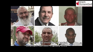 Collage of six men with various expressions, text overlay about a shooting incident.