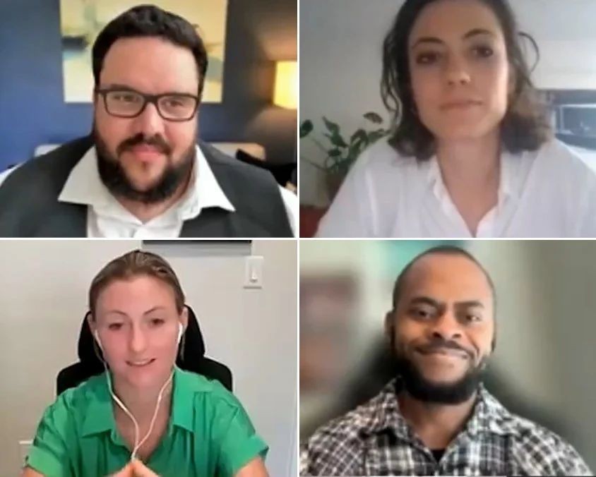 Collage of four people participating in a video conference call.