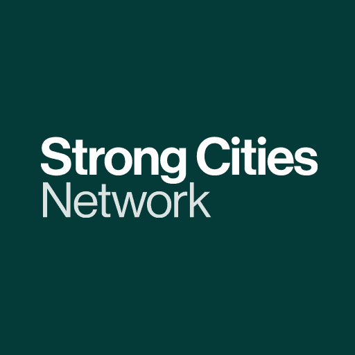 Logo with text 'Strong Cities Network' on a dark background.