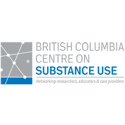 Logo of the British Columbia Centre on Substance Use with white and blue text and abstract design.