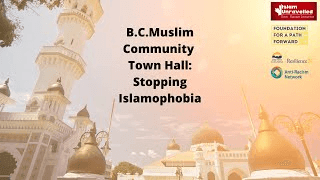 Event poster with mosque background for B.C. Muslim Community Town Hall on stopping Islamophobia.