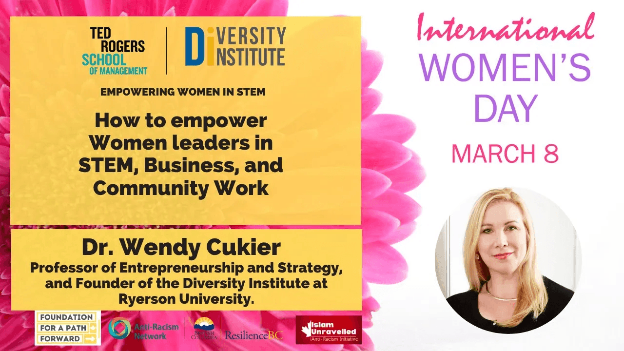 Graphic for International Women's Day event on empowering women leaders in STEM and business, March 8.