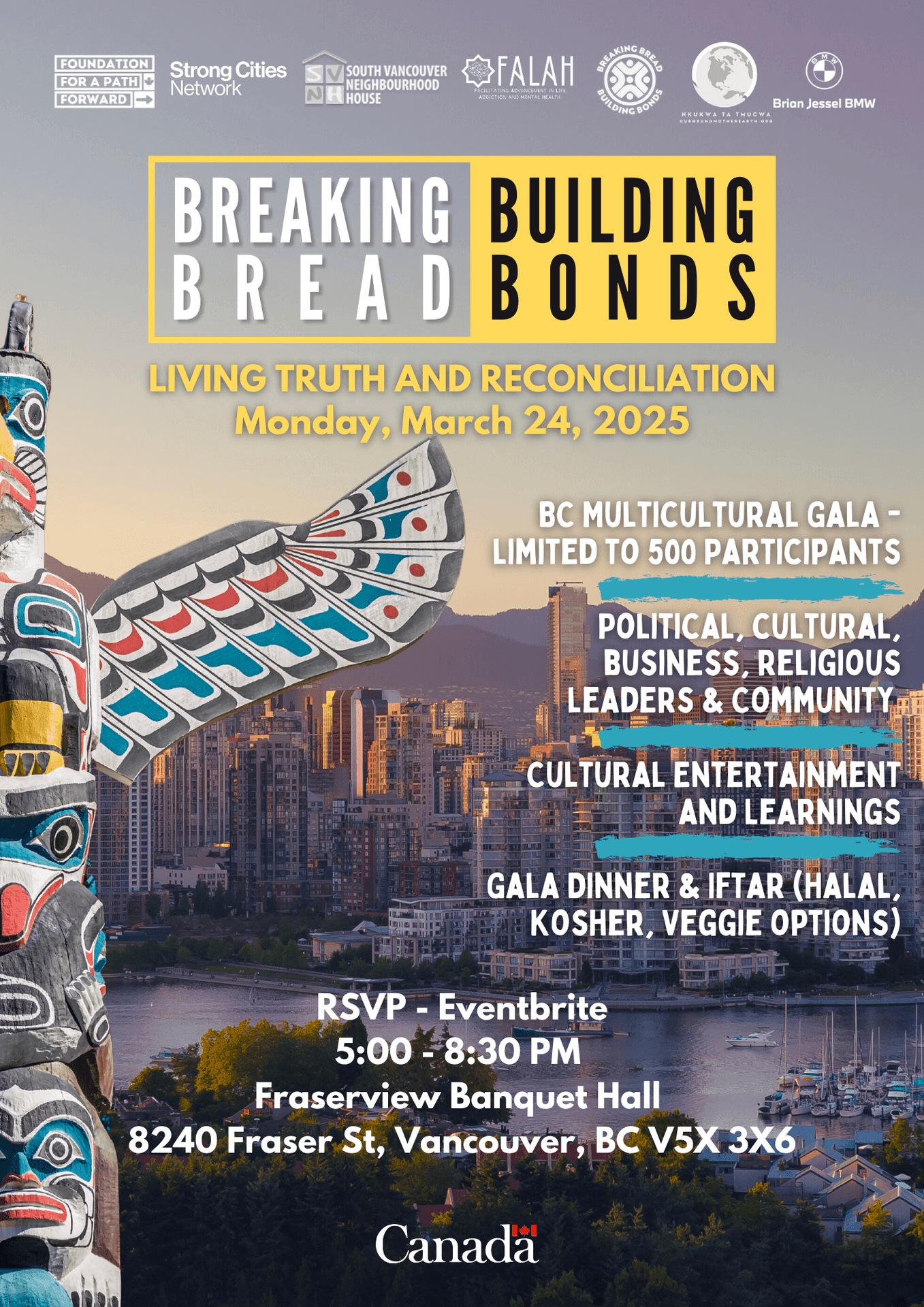 Breaking Bread Building Bonds event poster with a totem pole and Vancouver skyline in the background.