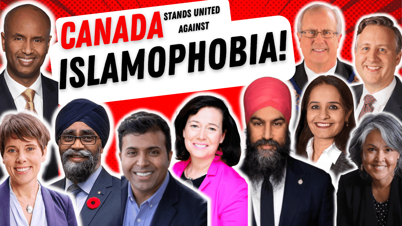 Group of people against a red background with text: Canada stands united against Islamophobia.