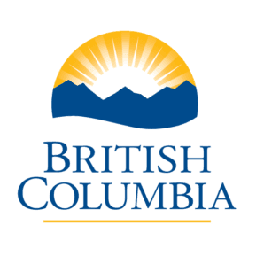 British Columbia logo with sun rising over mountains and text below.