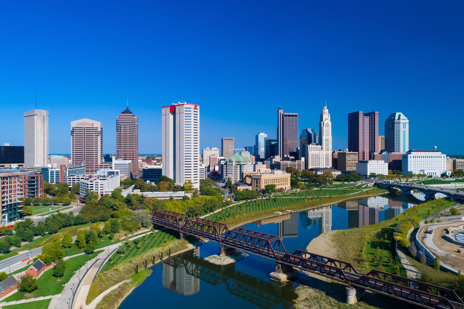 Columbus Skyline Aerial With River, Parks, and Railway Bridge