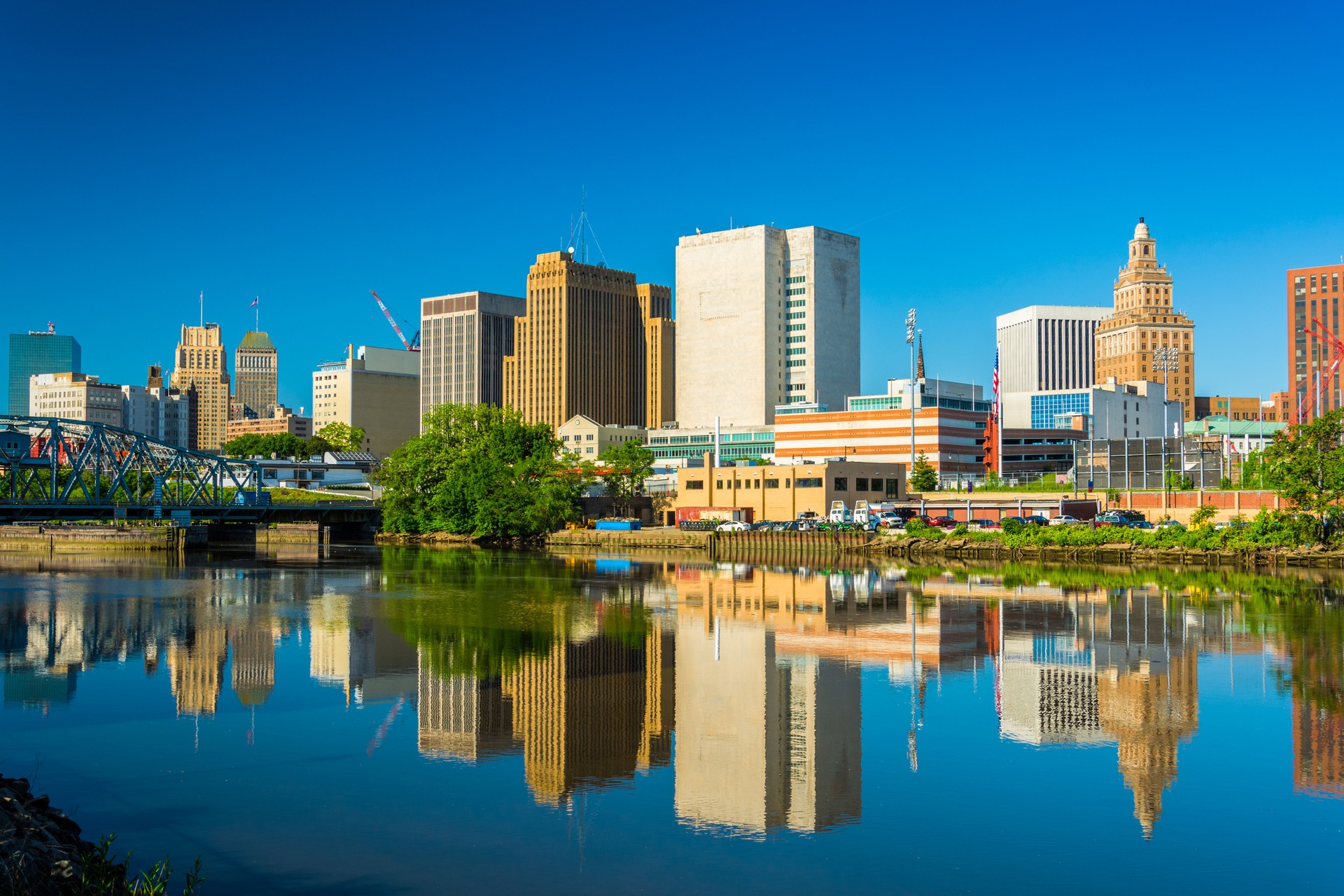 Newark downtown skyline and reflection on Passaic River