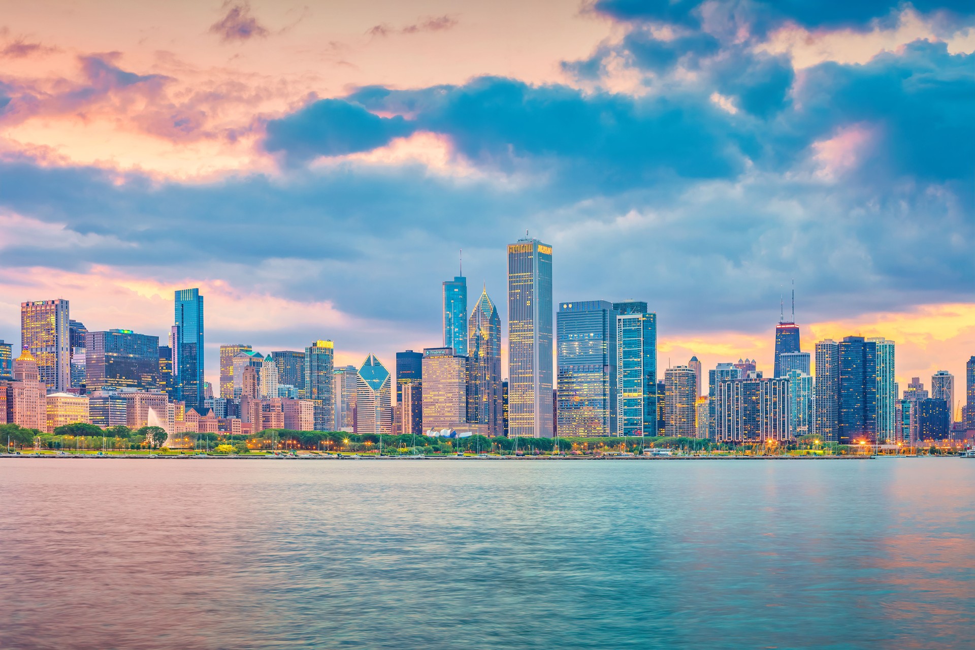 Downtown Skyline Chicago Illinois Dramatic Sunset