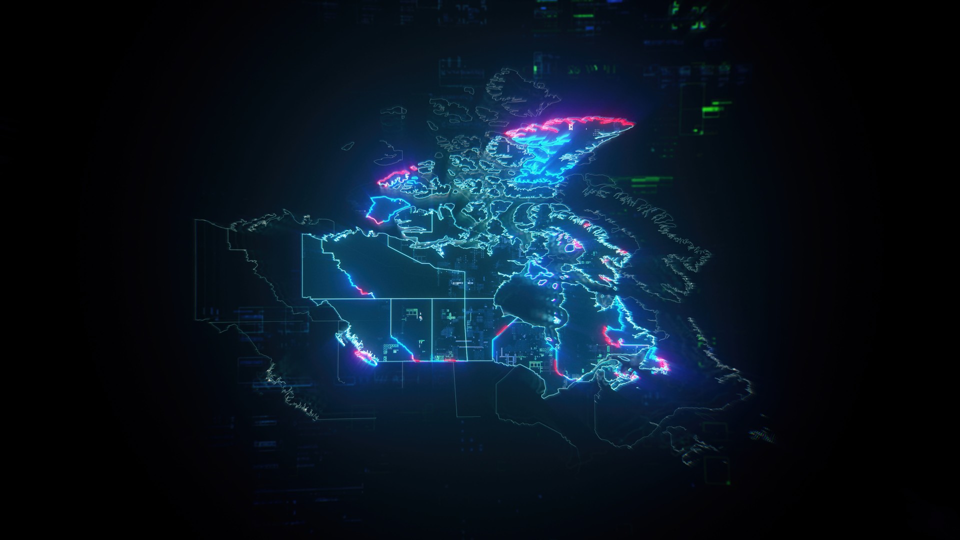 Map of Canada on dark digital background representing global communication and global finances